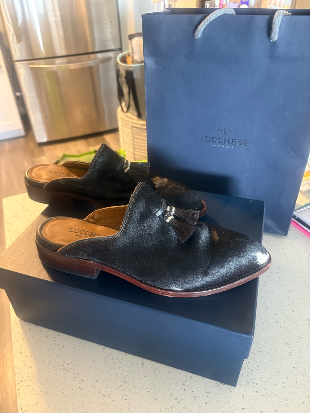 Lucchese Black Leather Tassel Backless Loafers